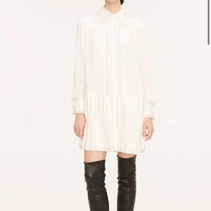 NWT Rebecca Taylor Ivory Silk Mini Shirtdress Pleated Pintuck Collar Dress